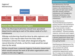 Maintenance
Park
Maintenance
Street
Maintenance
Storm Drain
System
Maintenance
Fleet/Equipment
Maintenance
Hygiene/
Maintenance
Future cities: Maintenance and Hygiene
1)The City Municipal Authorities should have specialized
departments catering to each of the above needs of a city’s
maintenance
2)Design and planning should be done by able engineers and
architects. Cues may be taken from the Indus Valley
Civilizations wherein the roads where designed along the
natural direction of winds, so that the roads would be swept
clean by the winds
3)Cities should have a separate Hygiene Evaluation department
which would oversee the work of all other organizations with
respect to the city’s hygiene
Specialized Departments
Park Maintenance-The Park
Maintenance section's primary
mission is the maintenance of the
City's park and open space assets.
Like-litter removal, restroom
maintenance, turf management,
landscape maintenance, tree
maintenance, irrigation system
maintenance.
Street Maintenance
The Street Maintenance Section's
primary mission is the maintenance
of the City's transportation assets.
Year-round activities include a
street sweeping, sign maintenance
and installation, inclement weather
response, community event support
Storm Drain Maintenance-Should be
a dynamic department whose main
aim would be to keep a city’s roads
from getting flooded.
Fleet/Equipment Maintenance-The
main aim of this department would
be to maintain the vehicle
fleet/equipment of the city
maintenance departments and the
like. It's scope can be widened to
maintain public transport vehicles.
 