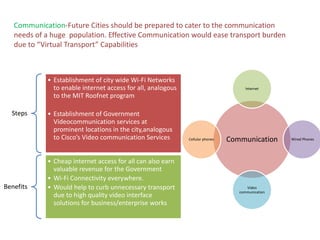 Communication-Future Cities should be prepared to cater to the communication
needs of a huge population. Effective Communication would ease transport burden
due to “Virtual Transport” Capabilities
Steps
• Establishment of city wide Wi-Fi Networks
to enable internet access for all, analogous
to the MIT Roofnet program
• Establishment of Government
Videocommunication services at
prominent locations in the city,analogous
to Cisco’s Video communication Services
Benefits
• Cheap internet access for all can also earn
valuable revenue for the Government
• Wi-Fi Connectivity everywhere.
• Would help to curb unnecessary transport
due to high quality video interface
solutions for business/enterprise works
Communication
Internet
Wired Phones
Video
communication
Cellular phones
 