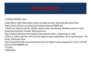 REFERENCES
1.CENSUS REPORT 2011
2.BM.(2011). IBM Helps India’s Wave Inc Build Smarter Township.Retrieved from
https://www-03.ibm.com/press/us/en/pressrelease/36054.wss
3.McKinsey Global Institute. (2010). India’s Urban Awakening: Building Inclusive Cities,
Sustaining Economic Growth. Retrieved from
http://www.mckinsey.com/insights/urbanization/urban_awakening_in_india
4.Dhar, A. (2012, April 6). India will see highest urban population rise in next 40 years. The
Hindu. Retrieved from
http://www.thehindu.com/news/india-will-see-highest-urban-population-rise-in-next-40-
years/article3286896.ece
3.Forbes
4.Wikipedia
 