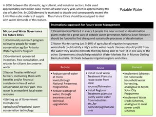In 2006 between the domestic, agricultural, and industrial sectors, India used
approximately 829 billion cubic meters of water every year, which is approximately the
size of Lake Erie. By 2050 demand is expected to double and consequently exceed the
1.4 trillion cubic meters of supply. Thus Future Cities should be equipped to deal
with water demands of this stature.
Reduce
•Reduce use of water
at micro
levels,through
National Awareness
Programmes
•Reduce wastage of
water, through
awareness and
technical
upgradation.
Reuse
•Install Local Water
Treatment Plants to
reuse water from
local
sources/Rainwater
•Install Regional
Treatment plants,to
purify waste water
from industries
etc.,for
domestic/agricultural
uses
Harvest
•Implement Schemes
for nationwide
household water
harvesting,
analogous to MNRE
Solar City
Programme
•Implement Water
credit Schemes,
analogous to solar
power credit
schemes
International Approach For Future Water Management
1)Desalinisation Plants-1 in every 2 people live near a coast so desalinisation
plants make for a great way of potable water generation.National Level Research
should be funded to find cheap,and sustainable processes of desalinisation
2)Water Market-saving just 5-10% of agricultural irrigation in upstream
watersheds could satisfy a city’s entire water needs .Farmers should profit from
the water they save(to motivate them)by being able to “sell” it in one way or the
other. Governments should help establish Water Markets like in Murray-Darling
Basin,Australia. Or Deals between irrigation regions and cities.
Potable Water
Micro-Level Water Governance
For Future Cities
1) Community outreach program
to involve people for water
conservation.eg-San Antonio
Water System’s Program
2)Government sponsored
incentives, free consultation, and
rebates for citizens to conserve
water
3)Water Treaties with local
farmers, motivating them with
benefits and/or financial
assistance in lieu of water
conservation on their part. This
water is an excellent local water
resource
4)Setting up of Government
Institutes for
Agricultural/Irrigational water
conservation technology.
 