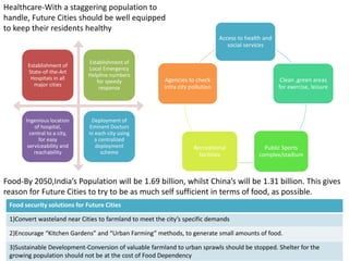 Healthcare-With a staggering population to
handle, Future Cities should be well equipped
to keep their residents healthy
Establishment of
State-of-the-Art
Hospitals in all
major cities
Establishment of
Local Emergency
Helpline numbers
for speedy
response
Ingenious location
of hospital,
central to a city,
for easy
serviceability and
reachability
Deployment of
Eminent Doctors
in each city using
a centralized
deployment
scheme
Access to health and
social services
Clean ,green areas
for exercise, leisure
Public Sports
complex/stadium
Recreational
facilities
Agencies to check
intra city pollution
Food-By 2050,India’s Population will be 1.69 billion, whilst China’s will be 1.31 billion. This gives
reason for Future Cities to try to be as much self sufficient in terms of food, as possible.
Food security solutions for Future Cities
1)Convert wasteland near Cities to farmland to meet the city’s specific demands
2)Encourage “Kitchen Gardens” and “Urban Farming” methods, to generate small amounts of food.
3)Sustainable Development-Conversion of valuable farmland to urban sprawls should be stopped. Shelter for the
growing population should not be at the cost of Food Dependency
 
