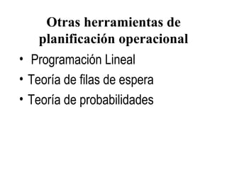 Otras herramientas de planificación operacional Programación Lineal Teoría de filas de espera Teoría de probabilidades 