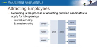 Attracting Employees
• Recruiting is the process of attracting qualified candidates to
apply for job openings
• Internal recruiting
• External recruiting
 