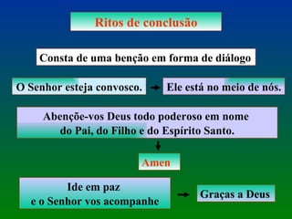 Ritos de conclusão Consta de uma benção em forma de diálogo O Senhor esteja convosco. Ele está no meio de nós. Abençõe-vos Deus todo poderoso em nome  do Pai, do Filho e do Espírito Santo. Amen Ide em paz  e o Senhor vos acompanhe Graças a Deus 