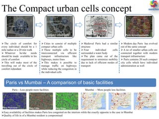 The Compact urban cells concept
 The circle of comfort for
every individual should be a 1
mile radius or a 20 min walk
 Whatever he/she needs
should be made available in his
circle of comfort
 This will make most of the
travelling out of the circle of
comfort redundant
 Cities to consist of multiple
compact urban cells
 These multiple cells to be
interconnected via efficient
transport infrastructure like
highways, metro lines
 This makes it possible to
manage traffic on highways
while reducing the congestion in
the individual cells
 Medieval Paris had a similar
structure
 Four individual cells
surrounded a water body
 The plan came out of the
requirement to minimize mobility
due to lack of efficient modes of
transport
 Modern day Paris has evolved
out of the same concept
 A no of smaller urban cells are
connected together with modern
transport infrastructure
 Paris contains 20 such compact
city cells which have individual
administration as well
Paris vs Mumbai – A comparison of basic facilities
Paris – Less people more facilities Mumbai – More people less facilities
Easy availability of facilities makes Paris less congested on the interiors while the exactly opposite is the case in Mumbai
Quality of life in of a Mumbai resident is compromised
 