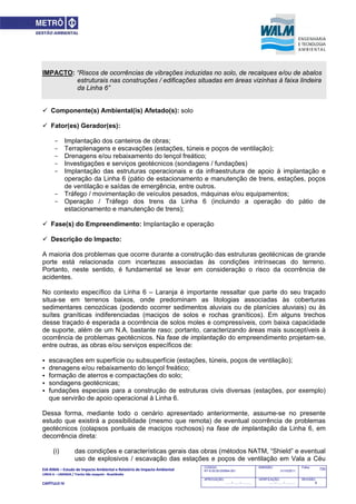 EIA‐RIMA – Estudo de Impacto Ambiental e Relatório de Impacto Ambiental 
LINHA 6 – LARANJA / Trecho São Joaquim ‐ Brasilândia 
 
CAPÍTULO IV 
720CODIGO:
RT-6.00.00.00/8N4-001
EMISSÃO:
31/10/2011
Folha:
APROVAÇÃO:
....... / ....... / ............
VERIFICAÇÃO:
....... / ....... / ............
REVISÃO:
B
IMPACTO: “Riscos de ocorrências de vibrações induzidas no solo, de recalques e/ou de abalos
estruturais nas construções / edificações situadas em áreas vizinhas à faixa lindeira
da Linha 6”
 Componente(s) Ambiental(is) Afetado(s): solo
 Fator(es) Gerador(es):
- Implantação dos canteiros de obras;
- Terraplenagens e escavações (estações, túneis e poços de ventilação);
- Drenagens e/ou rebaixamento do lençol freático;
- Investigações e serviços geotécnicos (sondagens / fundações)
- Implantação das estruturas operacionais e da infraestrutura de apoio à implantação e
operação da Linha 6 (pátio de estacionamento e manutenção de trens, estações, poços
de ventilação e saídas de emergência, entre outros.
- Tráfego / movimentação de veículos pesados, máquinas e/ou equipamentos;
- Operação / Tráfego dos trens da Linha 6 (incluindo a operação do pátio de
estacionamento e manutenção de trens);
 Fase(s) do Empreendimento: Implantação e operação
 Descrição do Impacto:
A maioria dos problemas que ocorre durante a construção das estruturas geotécnicas de grande
porte está relacionada com incertezas associadas às condições intrínsecas do terreno.
Portanto, neste sentido, é fundamental se levar em consideração o risco da ocorrência de
acidentes.
No contexto específico da Linha 6 – Laranja é importante ressaltar que parte do seu traçado
situa-se em terrenos baixos, onde predominam as litologias associadas às coberturas
sedimentares cenozóicas (podendo ocorrer sedimentos aluviais ou de planícies aluviais) ou às
suítes graníticas indiferenciadas (maciços de solos e rochas graníticos). Em alguns trechos
desse traçado é esperada a ocorrência de solos moles e compressíveis, com baixa capacidade
de suporte, além de um N.A. bastante raso; portanto, caracterizando áreas mais susceptíveis à
ocorrência de problemas geotécnicos. Na fase de implantação do empreendimento projetam-se,
entre outras, as obras e/ou serviços específicos de:
 escavações em superfície ou subsuperfície (estações, túneis, poços de ventilação);
 drenagens e/ou rebaixamento do lençol freático;
 formação de aterros e compactações do solo;
 sondagens geotécnicas;
 fundações especiais para a construção de estruturas civis diversas (estações, por exemplo)
que servirão de apoio operacional à Linha 6.
Dessa forma, mediante todo o cenário apresentado anteriormente, assume-se no presente
estudo que existirá a possibilidade (mesmo que remota) de eventual ocorrência de problemas
geotécnicos (colapsos pontuais de maciços rochosos) na fase de implantação da Linha 6, em
decorrência direta:
(i) das condições e características gerais das obras (métodos NATM, “Shield” e eventual
uso de explosivos / escavação das estações e poços de ventilação em Vala a Céu
 