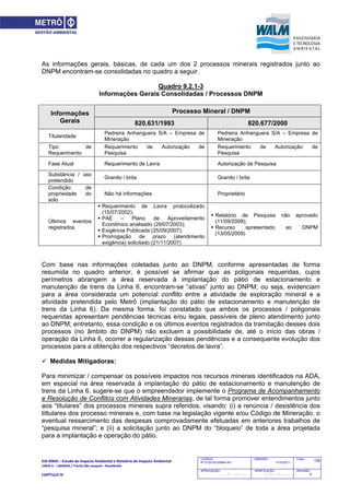 EIA‐RIMA – Estudo de Impacto Ambiental e Relatório de Impacto Ambiental 
LINHA 6 – LARANJA / Trecho São Joaquim ‐ Brasilândia 
 
CAPÍTULO IV 
728CODIGO:
RT-6.00.00.00/8N4-001
EMISSÃO:
31/10/2011
Folha:
APROVAÇÃO:
....... / ....... / ............
VERIFICAÇÃO:
....... / ....... / ............
REVISÃO:
B
As informações gerais, básicas, de cada um dos 2 processos minerais registrados junto ao
DNPM encontram-se consolidadas no quadro a seguir.
Quadro 9.2.1-3
Informações Gerais Consolidadas / Processos DNPM
Processo Mineral / DNPMInformações
Gerais 820.631/1993 820.677/2000
Titularidade
Pedreira Anhanguera S/A – Empresa de
Mineração
Pedreira Anhanguera S/A – Empresa de
Mineração
Tipo de
Requerimento
Requerimento de Autorização de
Pesquisa
Requerimento de Autorização de
Pesquisa
Fase Atual Requerimento de Lavra Autorização de Pesquisa
Substância / uso
pretendido
Granito / brita Granito / brita
Condição de
propriedade do
solo
Não há informações Proprietário
Últimos eventos
registrados
 Requerimento de Lavra protocolizado
(15/07/2002);
 PAE – Plano de Aproveitamento
Econômico analisado (29/07/2003);
 Exigência Publicada (25/09/2007);
 Prorrogação de prazo (atendimento
exigência) solicitado (21/11/2007)
 Relatório de Pesquisa não aprovado
(11/09/2008);
 Recurso apresentado ao DNPM
(13/05/2009)
Com base nas informações coletadas junto ao DNPM, conforme apresentadas de forma
resumida no quadro anterior, é possível se afirmar que as poligonais requeridas, cujos
perímetros abrangem a área reservada à implantação do pátio de estacionamento e
manutenção de trens da Linha 6, encontram-se “ativas” junto ao DNPM; ou seja, evidenciam
para a área considerada um potencial conflito entre a atividade de exploração mineral e a
atividade pretendida pelo Metrô (implantação do pátio de estacionamento e manutenção de
trens da Linha 6). Da mesma forma, foi constatado que ambos os processos / poligonais
requeridas apresentam pendências técnicas e/ou legais, passíveis de pleno atendimento junto
ao DNPM; entretanto, essa condição e os últimos eventos registrados da tramitação desses dois
processos (no âmbito do DNPM) não excluem a possibilidade de, até o início das obras /
operação da Linha 6, ocorrer a regularização dessas pendências e a consequente evolução dos
processos para a obtenção dos respectivos “decretos de lavra”.
 Medidas Mitigadoras:
Para minimizar / compensar os possíveis impactos nos recursos minerais identificados na ADA,
em especial na área reservada à implantação do pátio de estacionamento e manutenção de
trens da Linha 6, sugere-se que o empreendedor implemente o Programa de Acompanhamento
e Resolução de Conflitos com Atividades Minerarias, de tal forma promover entendimentos junto
aos “titulares” dos processos minerais supra referidos, visando: (i) a renúncia / desistência dos
tittulares dos processo minerais e, com base na legislação vigente e/ou Código de Mineração, o
eventual ressarcimento das despesas comprovadamente efetuadas em anteriores trabalhos de
“pesquisa mineral”; e (ii) a solicitação junto ao DNPM do “bloqueio” de toda a área projetada
para a implantação e operação do pátio.
 