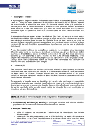 EIA‐RIMA – Estudo de Impacto Ambiental e Relatório de Impacto Ambiental 
LINHA 6 – LARANJA / Trecho São Joaquim ‐ Brasilândia 
 
CAPÍTULO IV 
750CODIGO:
RT-6.00.00.00/8N4-001
EMISSÃO:
31/10/2011
Folha:
APROVAÇÃO:
....... / ....... / ............
VERIFICAÇÃO:
....... / ....... / ............
REVISÃO:
B
 Descrição do impacto:
A implantação de empreendimentos relacionados aos sistemas de transportes públicos, como a
Linha 6 – Laranja do Metrô, pode induzir a um processo de alteração do uso do solo, melhoria
na acessibilidade e mobilidade nas áreas de influência, fatores estes que promovem a
valorização da área e, consequentemente, o aumento do valor venal dos imóveis. Associado a
estes aspectos ocorre uma mobilização por parte dos atores envolvidos com o mercado
imobiliário, sejam incorporadoras, financeiras ou construtoras, em busca de novos imóveis e/ou
terrenos.
Analisando-se algumas áreas / regiões da cidade de São Paulo, em especial aquelas onde o
transporte metroviário já foi implantado, é possível se inferir que a linha 6 – Laranja promoverá a
valorização do preço da terra na área de influência direta, ou seja, aumento do preço de
terrenos, imóveis e aluguéis, como consequência da nova opção de acesso (conforme avaliado
no item 8.4.9 Mercado Imobiliário, a acessibilidade é um fator que contribui para a valorização
de imóveis).
A ação do mercado imobiliário e a oscilação nos preços dos imóveis podem atingir as áreas de
diferentes usos, como por exemplo, os corredores comerciais cujos preços de imóveis podem
subir devido à facilidade de acesso e melhoria na mobilidade na área. Nas áreas residenciais,
conforme já vêm ocorrendo e como descrito no item 8.4.9 Mercado Imobiliário, novos
lançamentos imobiliários utilizam em suas propagandas a proximidade com a projetada Linha 6 -
Laranja, assim como proprietários podem se utilizar desta proximidade para valorizar seus
imóveis, tanto para a venda como para locação.
 Classificação:
Este impacto é classificado como positivo considerando o benefício gerado para os proprietários
de imóveis onde haja valorização dos mesmos. A ocorrência deste impacto é certa, permanente,
de longo prazo de duração, disperso, intensificado pelo empreendimento e de grande
magnitude. Visto que não possui medida de potencialização deve ser considerado um impacto
de alto grau de relevância.
Considerando a pressão sobre os locatários de imóveis cuja valorização e especulação
imobiliária se faça valer, este impacto é classificado como negativo. A ocorrência deste impacto
é certa, permanente, de longo prazo de duração, disperso, intensificado pelo empreendimento e
de grande magnitude. Visto que não possui medida de mitigação deve ser considerado um
impacto de alto grau de relevância.
IMPACTO: “Perda de imóveis e impacto social pelo processo de desapropriação”
 Componente(s) Ambiental(is) Afetado(s): população residente nos imóveis afetados/
proprietários e funcionários de estabelecimentos comerciais afetados.
 Fator(es) Gerador(es):
- Início do processo de oficialização / comunicação da desocupação dos imóveis
desapropriados.
- Implantação das estruturas operacionais e da infraestrutura de apoio à implantação e
operação da Linha 6 (pátio de estacionamento e manutenção de trens, estações, poços
 