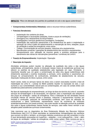 EIA‐RIMA – Estudo de Impacto Ambiental e Relatório de Impacto Ambiental 
LINHA 6 – LARANJA / Trecho São Joaquim ‐ Brasilândia 
 
CAPÍTULO IV 
711CODIGO:
RT-6.00.00.00/8N4-001
EMISSÃO:
31/10/2011
Folha:
APROVAÇÃO:
....... / ....... / ............
VERIFICAÇÃO:
....... / ....... / ............
REVISÃO:
B
IMPACTO: “Risco de alteração dos padrões de qualidade do solo e das águas subterrâneas”
 Componente(s) Ambiental(is) Afetado(s): solos e recursos hídricos subterrâneos.
 Fator(es) Gerador(es):
- Implantação dos canteiros de obras;
- Terraplenagens e escavações (estações, túneis e poços de ventilação);
- Drenagens e/ou rebaixamento do lençol freático;
- Investigações e serviços geotécnicos (sondagens / fundações)
- Implantação das estruturas operacionais e da infraestrutura de apoio à implantação e
operação da Linha 6 (pátio de estacionamento e manutenção de trens, estações, poços
de ventilação e saídas de emergência, entre outros.
- Tráfego / movimentação de veículos pesados, máquinas e/ou equipamentos;
- Manutenções corretivas / operações de abastecimento dos veículos e equipamentos;
- Armazenamento e/ou utilização de insumos gerais e produtos perigosos para o
atendimento das rotinas de manutenções (preventivas / corretivas) da Linha 6.
 Fase(s) do Empreendimento: Implantação / Operação
 Descrição do Impacto:
Atividades antrópicas podem resultar na alteração da qualidade dos solos e das águas
subterrâneas, principalmente, devido à introdução nesses meios de substâncias químicas que
alteram os padrões de qualidade estabelecidos pela legislação em vigor. Entretanto, é
importante ressaltar que, em geral, a contaminação de solos e/ou águas subterrâneas está
diretamente associada a eventos localizados e pontuais, como acidentes e vazamentos em
tanques de armazenamento de combustíveis, atividades de abastecimento de veículos,
disposição inadequada de óleos e graxas, entre outras.
Assim sendo, todos os serviços típicos de obras civis a serem executados durante a fase de
implantação da Linha 6 – Laranja do Metrô poderão resultar na exposição do solo, o que
aumenta a sua vulnerabilidade natural para as contaminações, em caso de contato direto com
substâncias potencialmente contaminantes.
Na fase de implantação do empreendimento, ao longo da faixa de domínio da Linha 6, ocorrerão
serviços de terraplenagem e de escavações, em especial, para a implantação das estações e
dos poços de ventilação / saídas de emergência. Para a realização de tais atividades haverá
circulação intensa de veículos (leves e pesados), máquinas e equipamentos movidos por
motores à combustão, passíveis de manutenções corretivas, bem como de utilização de
combustíveis e óleos lubrificantes, representando riscos de ocorrência de eventuais
acidentes/vazamentos com esses produtos. Isso pode resultar na alteração pontual da qualidade
dos solos e águas subterrâneas nessas frentes de serviços, caso estes meios venham a ser
atingidos pelas substâncias químicas contaminantes.
Vale mencionar que no diagnóstico da Área Diretamente Afetada dos Recursos Hídricos
Subterrâneos (item 8.2.7.2) foram apontadas as características hidrogeológicas dos aqüíferos
que ocorrem na ADA e, também, os principais métodos construtivos que irão consolidar a Linha
6 (que demandarão escavações em superfície – estações – e em subsuperfície – túnel – além
de poços de ventilação / saídas de emergência, entre outras ações). Disto concluiu-se que a
 