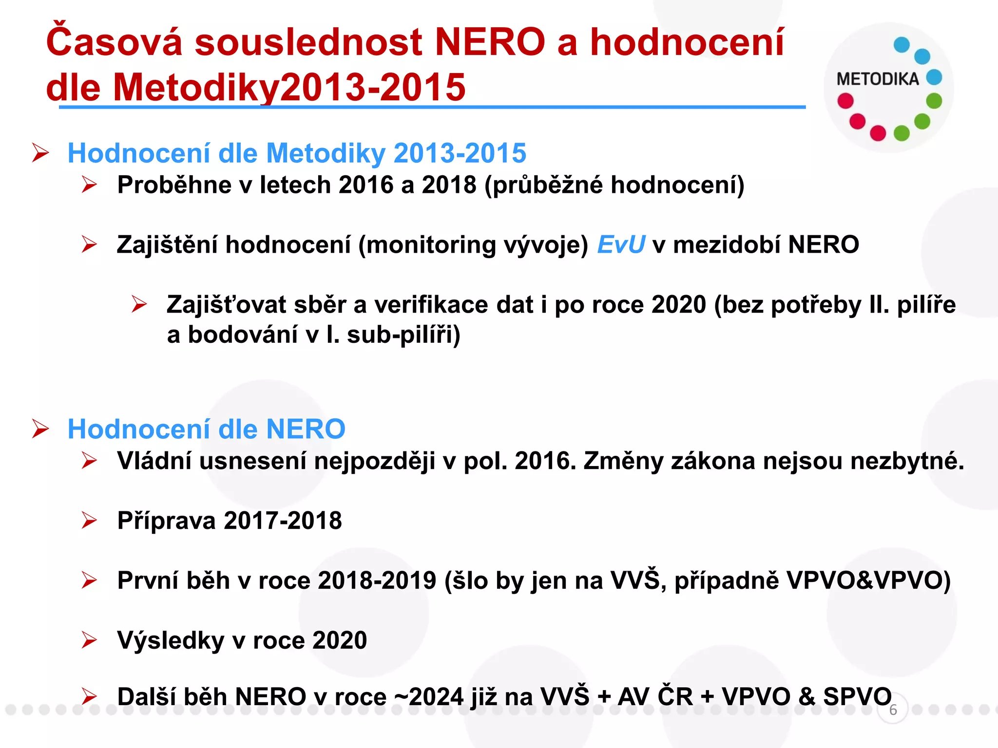 Časová souslednost NERO a hodnocení
dle Metodiky2013-2015
6
 Hodnocení dle Metodiky 2013-2015
 Proběhne v letech 2016 a 2018 (průběžné hodnocení)
 Zajištění hodnocení (monitoring vývoje) EvU v mezidobí NERO
 Zajišťovat sběr a verifikace dat i po roce 2020 (bez potřeby II. pilíře
a bodování v I. sub-pilíři)
 Hodnocení dle NERO
 Vládní usnesení nejpozději v pol. 2016. Změny zákona nejsou nezbytné.
 Příprava 2017-2018
 První běh v roce 2018-2019 (šlo by jen na VVŠ, případně VPVO&VPVO)
 Výsledky v roce 2020
 Další běh NERO v roce ~2024 již na VVŠ + AV ČR + VPVO & SPVO
 