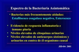 Espectro de la Bacteriuria Asintomática Bacterias más frecuentemente aisladas: Estafilococo coagulasa negativo, Enterococo Evidencia de respuesta inflamatoria e  inmune piuria Niveles elevados de citoquinas urinarias Niveles elevados de anticuerpos sistémicos y urinarios en contra de él organismo causal JID-04- 2001 