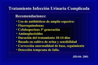 Tratamiento Infección Urinaria Complicada Recomendaciones: Uso de antibióticos de amplio espectro: Fluoroquinolonas Cefalosporinas 3ª generación Aminoglucósidos Duración del tratamiento 10-14 días Basado en cultivo de orina y sensibilidad Corrección anormalidad de base, seguimiento Detección temprana de falla. JID-04- 2001 