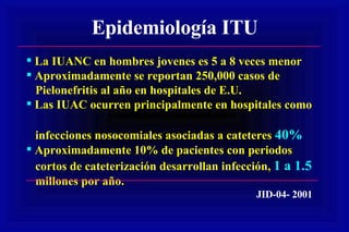 Epidemiología ITU La IUANC en hombres jovenes es 5 a 8 veces menor Aproximadamente se reportan 250,000 casos de  Pielonefritis al año en hospitales de E.U.  Las IUAC ocurren principalmente en hospitales como  infecciones nosocomiales asociadas a cateteres  40% Aproximadamente 10% de pacientes con periodos cortos de cateterización desarrollan infección,  1 a 1.5 millones por año.  JID-04- 2001 