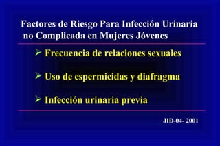 Factores de Riesgo Para Infección Urinaria no Complicada en Mujeres Jóvenes  Frecuencia de relaciones sexuales Uso de espermicidas y diafragma Infección urinaria previa JID-04- 2001 