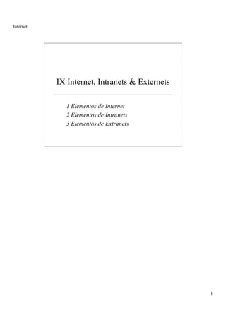 Internet




           IX Internet, Intranets & Externets

             1 Elementos de Internet
             2 Elementos de Intranets
             3 Elementos de Extranets




                                                1
 