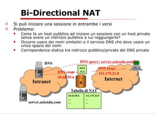 Bi-Directional NAT Si può iniziare una sessione in entrambe i versi Problema: Come fa un host pubblico ad iniziare un sessione con un host privato senza avere un indirizzo pubblico a cui raggiungerlo? Occorre usare dei nomi simbolici e il servizio DNS che deve usare un unico spazio dei nomi Corrispondenza statica tra indirizzo pubblico/privato del DNS privato  Internet Intranet R DNS server.azienda.com DNS query: server.azienda.com? DNS resp:  10.43.55.6 DNS ALG DNS resp:  131.175.21.8 10.43.55.6 … … 131.175.21.8 … … Tabella di NAT 