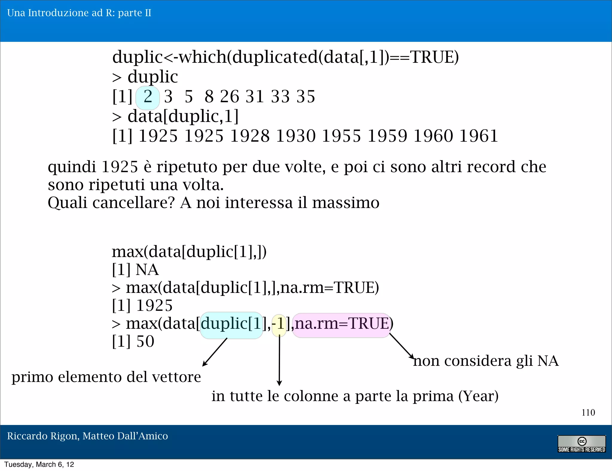 Una Introduzione ad R: parte II



                       duplic<-which(duplicated(data[,1])==TRUE)
                       > duplic
                       [1] 2 3 5 8 26 31 33 35
                       > data[duplic,1]
                       [1] 1925 1925 1928 1930 1955 1959 1960 1961
            quindi 1925 è ripetuto per due volte, e poi ci sono altri record che
            sono ripetuti una volta.
            Quali cancellare? A noi interessa il massimo


                       max(data[duplic[1],])
                       [1] NA
                       > max(data[duplic[1],],na.rm=TRUE)
                       [1] 1925
                       > max(data[duplic[1],-1],na.rm=TRUE)
                       [1] 50
                                                                  non considera gli NA
  primo elemento del vettore
                                    in tutte le colonne a parte la prima (Year)
                                                                                         110

Riccardo Rigon, Matteo Dall’Amico

Tuesday, March 6, 12
 