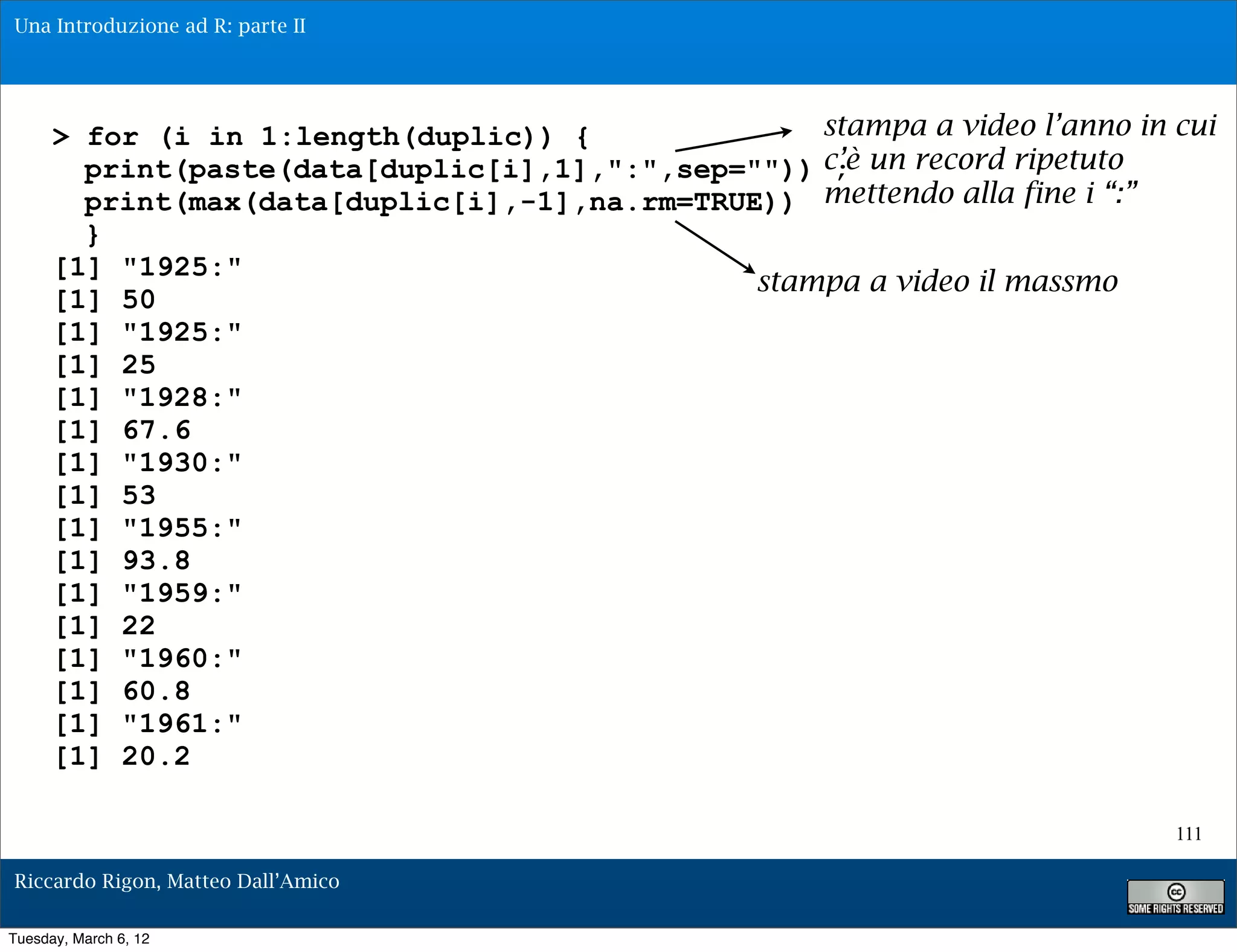 Una Introduzione ad R: parte II




      > for (i in 1:length(duplic)) {              stampa a video l’anno in cui
        print(paste(data[duplic[i],1],":",sep="")) c’è un record ripetuto
                                                    ;
        print(max(data[duplic[i],-1],na.rm=TRUE)) mettendo alla fine i “:”
        }
      [1] "1925:"
                                               stampa a video il massmo
      [1] 50
      [1] "1925:"
      [1] 25
      [1] "1928:"
      [1] 67.6
      [1] "1930:"
      [1] 53
      [1] "1955:"
      [1] 93.8
      [1] "1959:"
      [1] 22
      [1] "1960:"
      [1] 60.8
      [1] "1961:"
      [1] 20.2

                                                                            111

Riccardo Rigon, Matteo Dall’Amico

Tuesday, March 6, 12
 