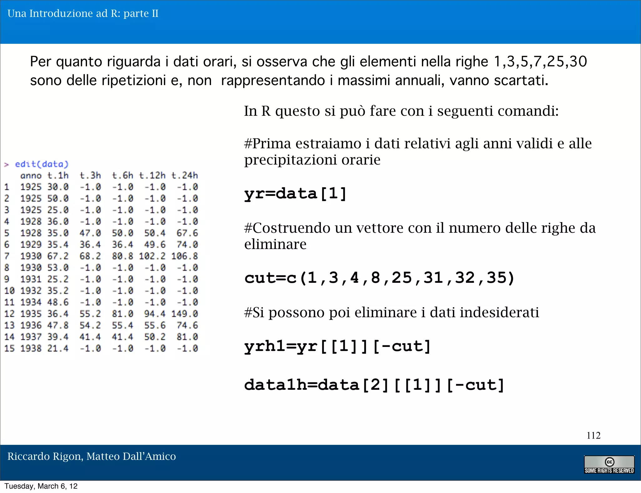 Una Introduzione ad R: parte II



       Per quanto riguarda i dati orari, si osserva che gli elementi nella righe 1,3,5,7,25,30
       sono delle ripetizioni e, non rappresentando i massimi annuali, vanno scartati.

                                        In R questo si può fare con i seguenti comandi:

                                        #Prima estraiamo i dati relativi agli anni validi e alle
                                        precipitazioni orarie

                                        yr=data[1]
                                        #Costruendo un vettore con il numero delle righe da
                                        eliminare

                                        cut=c(1,3,4,8,25,31,32,35)
                                        #Si possono poi eliminare i dati indesiderati

                                        yrh1=yr[[1]][-cut]

                                        data1h=data[2][[1]][-cut]

                                                                                               112

Riccardo Rigon, Matteo Dall’Amico

Tuesday, March 6, 12
 