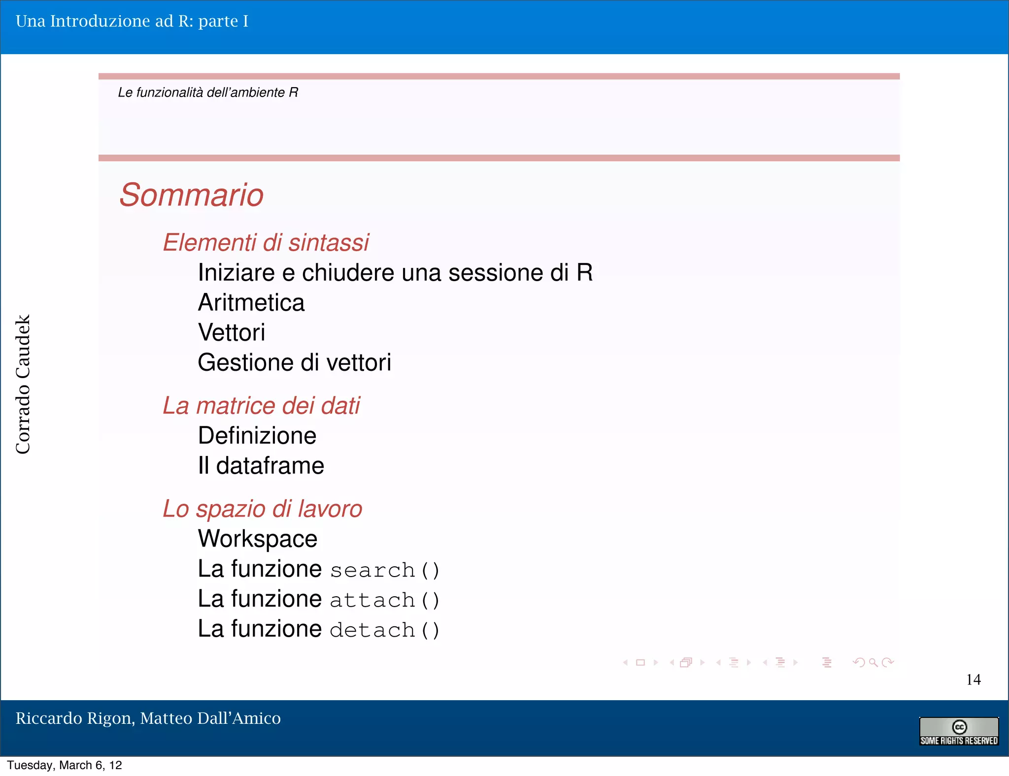Una Introduzione ad R: parte I



                   Le funzionalità dell’ambiente R




                   Sommario
                          Elementi di sintassi
                             Iniziare e chiudere una sessione di R
                             Aritmetica
Corrado Caudek




                             Vettori
                             Gestione di vettori
                          La matrice dei dati
                             Deﬁnizione
                             Il dataframe
                          Lo spazio di lavoro
                             Workspace
                             La funzione search()
                             La funzione attach()
                             La funzione detach()
                                                                     14

  Riccardo Rigon, Matteo Dall’Amico

Tuesday, March 6, 12
 