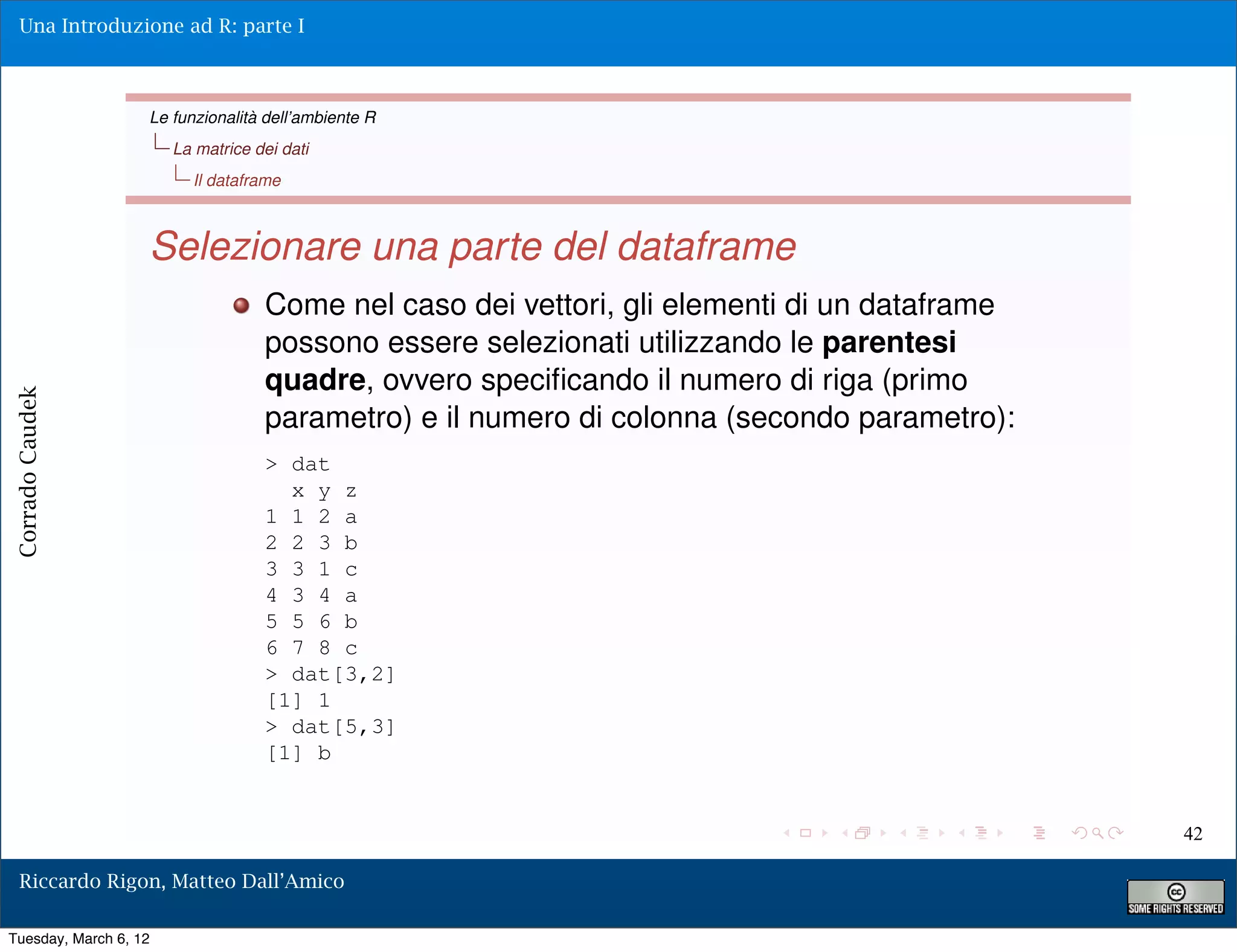 Una Introduzione ad R: parte I



                   Le funzionalità dell’ambiente R
                       La matrice dei dati
                         Il dataframe



                   Selezionare una parte del dataframe
                                   Come nel caso dei vettori, gli elementi di un dataframe
                                   possono essere selezionati utilizzando le parentesi
                                   quadre, ovvero speciﬁcando il numero di riga (primo
Corrado Caudek




                                   parametro) e il numero di colonna (secondo parametro):
                                   > dat
                                     x y z
                                   1 1 2 a
                                   2 2 3 b
                                   3 3 1 c
                                   4 3 4 a
                                   5 5 6 b
                                   6 7 8 c
                                   > dat[3,2]
                                   [1] 1
                                   > dat[5,3]
                                   [1] b


                                                                                             42

  Riccardo Rigon, Matteo Dall’Amico

Tuesday, March 6, 12
 
