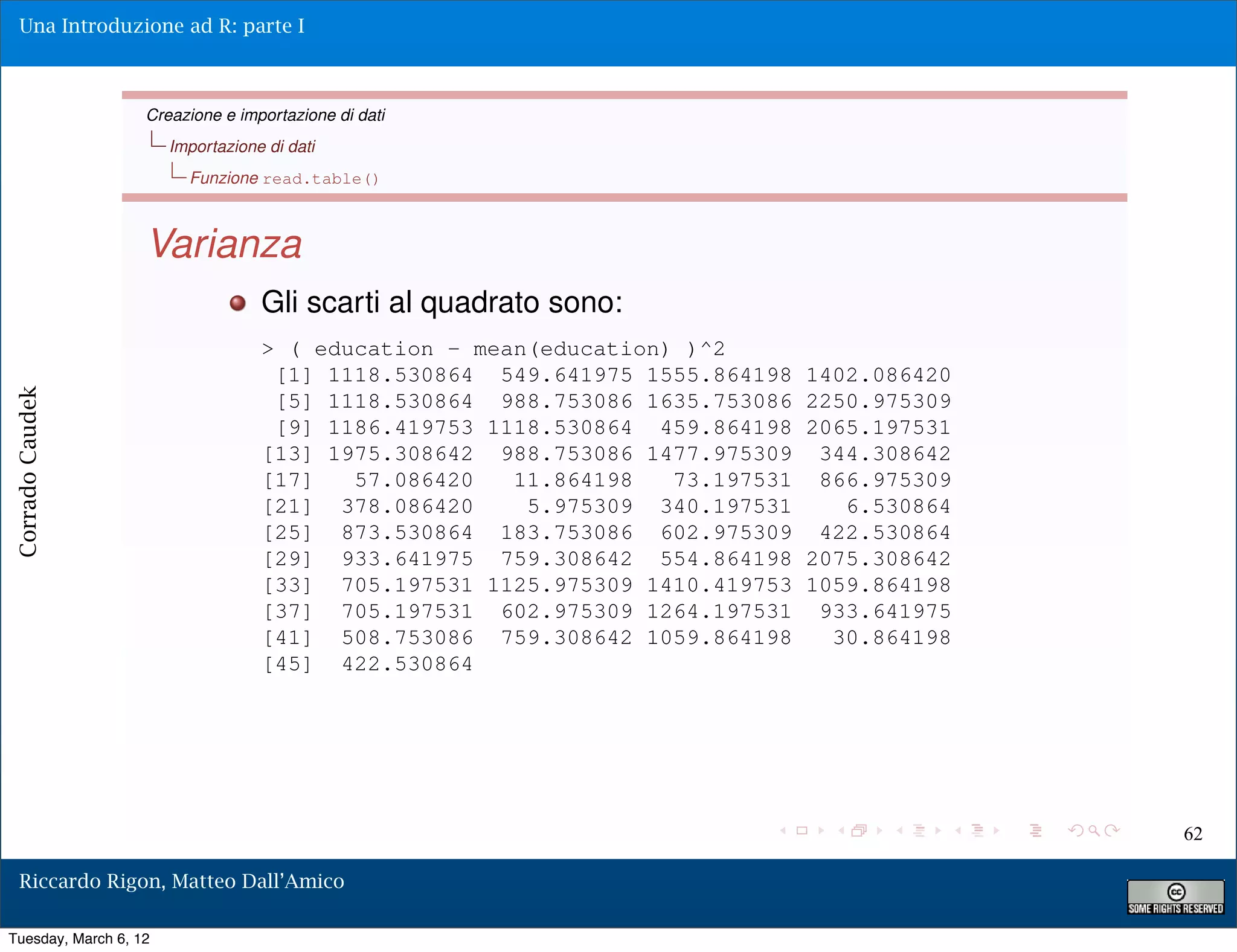 Una Introduzione ad R: parte I



                   Creazione e importazione di dati
                       Importazione di dati
                         Funzione read.table()



                   Varianza
                                   Gli scarti al quadrato sono:
                                   > ( education - mean(education) )^2
                                    [1] 1118.530864 549.641975 1555.864198    1402.086420
Corrado Caudek




                                    [5] 1118.530864 988.753086 1635.753086    2250.975309
                                    [9] 1186.419753 1118.530864 459.864198    2065.197531
                                   [13] 1975.308642 988.753086 1477.975309     344.308642
                                   [17]   57.086420   11.864198   73.197531    866.975309
                                   [21] 378.086420     5.975309 340.197531       6.530864
                                   [25] 873.530864 183.753086 602.975309       422.530864
                                   [29] 933.641975 759.308642 554.864198      2075.308642
                                   [33] 705.197531 1125.975309 1410.419753    1059.864198
                                   [37] 705.197531 602.975309 1264.197531      933.641975
                                   [41] 508.753086 759.308642 1059.864198       30.864198
                                   [45] 422.530864




                                                                                            62

  Riccardo Rigon, Matteo Dall’Amico

Tuesday, March 6, 12
 
