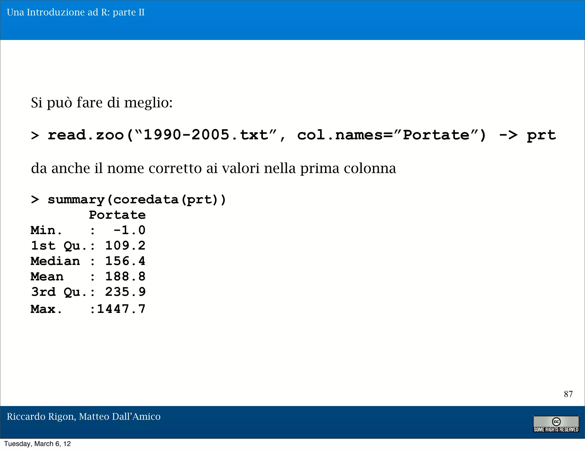 Una Introduzione ad R: parte II




        Si può fare di meglio:

        > read.zoo(“1990-2005.txt”, col.names=”Portate”) -> prt

        da anche il nome corretto ai valori nella prima colonna

        > summary(coredata(prt))
               Portate
        Min.   : -1.0
        1st Qu.: 109.2
        Median : 156.4
        Mean   : 188.8
        3rd Qu.: 235.9
        Max.   :1447.7




                                                                  87

Riccardo Rigon, Matteo Dall’Amico

Tuesday, March 6, 12
 