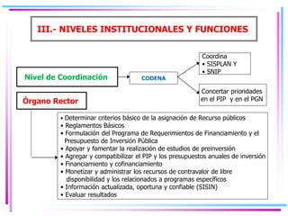 III.- NIVELES INSTITUCIONALES Y FUNCIONES
Nivel de Coordinación CODENA
Coordina
• SISPLAN Y
• SNIP
Concertar prioridades
en el PIP y en el PGN
Órgano Rector
• Determinar criterios básico de la asignación de Recurso públicos
• Reglamentos Básicos
• Formulación del Programa de Requerimientos de Financiamiento y el
Presupuesto de Inversión Pública
• Apoyar y fomentar la realización de estudios de preinversión
• Agregar y compatibilizar el PIP y los presupuestos anuales de inversión
• Financiamiento y cofinanciamiento
• Monetizar y administrar los recursos de contravalor de libre
disponibilidad y los relacionados a programas específicos
• Información actualizada, oportuna y confiable (SISIN)
• Evaluar resultados
 