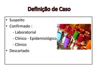 • Suspeito
• Confirmado :
- Laboratorial
- Clínico - Epidemiológico
- Clínico
• Descartado
 