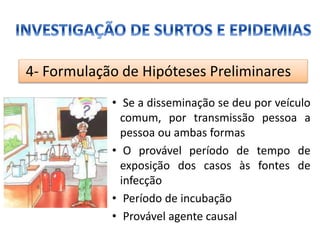• Se a disseminação se deu por veículo
comum, por transmissão pessoa a
pessoa ou ambas formas
• O provável período de tempo de
exposição dos casos às fontes de
infecção
• Período de incubação
• Provável agente causal
4- Formulação de Hipóteses Preliminares
 
