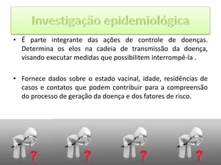 • É parte integrante das ações de controle de doenças.
Determina os elos na cadeia de transmissão da doença,
visando executar medidas que possibilitem interrompê-la .
• Fornece dados sobre o estado vacinal, idade, residências de
casos e contatos que podem contribuir para a compreensão
do processo de geração da doença e dos fatores de risco.
 