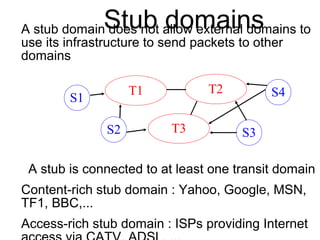 Stub domains A stub domain does not allow external domains to 
use its infrastructure to send packets to other 
domains 
T...