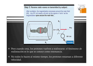 Pregrado – Dr Yee
  Pero cuando cesa, los protones vuelven a realinearse; el fenómeno de
realineación es lo que se conoce como resonancia.
  No todos lo hacen al mismo tiempo, los protones resuenan a diferente
velocidad.
 