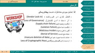 ۱۹‫و‬۲۰‫آبان‬
۱۳۹۵
‫ابری‬ ‫رایانش‬ ‫در‬ ‫داده‬ ‫امنیت‬ ‫کارگاه‬‫شریف‬ ‫صنعتی‬ ‫دانشگاه‬
‫مقدمه‬‫مخاطرات‬ ‫مدیریت‬‫گیری‬‫نتیجه‬
‫در‬ ‫داده‬ ‫امنیت‬
‫ابری‬ ‫رایانش‬
‫جستجوپذیر‬ ‫رمزگذاری‬
‫متقارن‬
‫جستجوپذیر‬ ‫رمزگذاری‬
‫نامتقارن‬
‫تمام‬ ‫رمزگذاری‬
‫همریخت‬
‫پایگاه‬ ‫امن‬ ‫سپاری‬‫برون‬
‫و‬ ‫داده‬
‫تامین‬ ‫رویکردهای‬
‫محرمانگی‬
‫پاسخ‬ ‫صحت‬ ‫وارسی‬
‫پایگاه‬ ‫روی‬ ‫پرسمان‬
‫شده‬ ‫سپاری‬‫برون‬ ‫داده‬
‫سازی‬ ‫ذخیره‬ ‫روشهای‬
‫شده‬ ‫رمز‬ ‫های‬ ‫داده‬
‫ابر‬ ‫در‬ ‫تکراری‬ ‫غیر‬
‫محصوالت‬ ‫بر‬ ‫مروری‬
‫موجود‬
‫سپاری‬‫برون‬ ‫زمینه‬ ‫در‬
‫داده‬ ‫امن‬
‫مدیریت‬ ‫و‬ ‫داده‬ ‫امنیت‬
‫مخاطرات‬
‫ابری‬ ‫رایانش‬ ‫در‬
‫خدمت‬ ‫ات‬‫ر‬‫مخاط‬ ‫دی‬‫ر‬‫مو‬ ‫تحلیل‬‫سانی‬‫ر‬‫پیغام‬
o‫قفل‬‫در‬ ‫شدن‬‫فروشنده‬(Vendor Lock-in)
o‫دادن‬ ‫دست‬ ‫از‬‫کنترل‬(Loss of Governance)
o‫تامین‬‫نجیره‬‫ز‬ ‫شکست‬(Supply chain failure)
o‫ی‬‫جداساز‬‫شکست‬(Isolation Failure)
o‫بدخواه‬‫داخلی‬ ‫بر‬‫ر‬‫کا‬(Malicious Insider)
o‫خدمت‬ ‫منع‬ ‫حمله‬(Denial of Service)
o‫ت‬‫ر‬‫صو‬ ‫به‬‫داده‬ ‫حذف‬‫امن‬‫غیر‬(Insecure deletion of data)
o‫مزنگاشتی‬‫ر‬ ‫کلیدهای‬‫دادن‬‫دست‬ ‫از‬(Loss of Cryptographic Keys
‫عملی‬‫کار‬
55/38
 