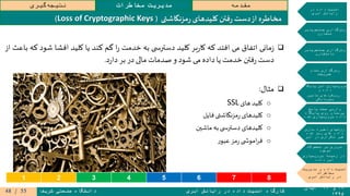 ۱۹‫و‬۲۰‫آبان‬
۱۳۹۵
‫ابری‬ ‫رایانش‬ ‫در‬ ‫داده‬ ‫امنیت‬ ‫کارگاه‬‫شریف‬ ‫صنعتی‬ ‫دانشگاه‬
‫مقدمه‬‫مخاطرات‬ ‫مدیریت‬‫گیری‬‫نتیجه‬
‫در‬ ‫داده‬ ‫امنیت‬
‫ابری‬ ‫رایانش‬
‫جستجوپذیر‬ ‫رمزگذاری‬
‫متقارن‬
‫جستجوپذیر‬ ‫رمزگذاری‬
‫نامتقارن‬
‫تمام‬ ‫رمزگذاری‬
‫همریخت‬
‫پایگاه‬ ‫امن‬ ‫سپاری‬‫برون‬
‫و‬ ‫داده‬
‫تامین‬ ‫رویکردهای‬
‫محرمانگی‬
‫پاسخ‬ ‫صحت‬ ‫وارسی‬
‫پایگاه‬ ‫روی‬ ‫پرسمان‬
‫شده‬ ‫سپاری‬‫برون‬ ‫داده‬
‫سازی‬ ‫ذخیره‬ ‫روشهای‬
‫شده‬ ‫رمز‬ ‫های‬ ‫داده‬
‫ابر‬ ‫در‬ ‫تکراری‬ ‫غیر‬
‫محصوالت‬ ‫بر‬ ‫مروری‬
‫موجود‬
‫سپاری‬‫برون‬ ‫زمینه‬ ‫در‬
‫داده‬ ‫امن‬
‫مدیریت‬ ‫و‬ ‫داده‬ ‫امنیت‬
‫مخاطرات‬
‫ابری‬ ‫رایانش‬ ‫در‬
‫مزنگاشتی‬‫ر‬‫کلیدهای‬ ‫فتن‬‫ر‬ ‫دست‬‫از‬ ‫مخاطره‬(Loss of Cryptographic Keys)
‫مانی‬‫ز‬‫اتفاق‬‫می‬‫افتد‬‫که‬‫بر‬‫ر‬‫کا‬‫کلید‬‫ی‬ ‫دسترس‬‫به‬‫خدمت‬‫ا‬‫ر‬‫گم‬‫کند‬‫یا‬‫کلید‬‫افشا‬‫شو‬‫د‬‫که‬‫باعث‬‫از‬
‫دست‬‫فتن‬‫ر‬‫خدمت‬‫یا‬‫داده‬‫می‬‫شود‬‫و‬‫صدمات‬‫مالی‬‫در‬‫بر‬‫د‬‫ر‬‫دا‬.
‫مثال‬:
o‫های‬ ‫کلید‬SSL
o‫فایل‬‫مزنگاشتی‬‫ر‬ ‫کلیدهای‬
o‫ماشین‬ ‫به‬‫ی‬ ‫دسترس‬ ‫کلیدهای‬
o‫ر‬‫عبو‬ ‫مز‬‫ر‬ ‫ی‬ ‫اموش‬‫ر‬‫ف‬
1 2 3 4 5 6 7 8
55/48
 
