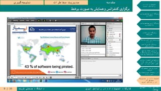 ۱۹‫و‬۲۰‫آبان‬
۱۳۹۵
‫ابری‬ ‫رایانش‬ ‫در‬ ‫داده‬ ‫امنیت‬ ‫کارگاه‬‫شریف‬ ‫صنعتی‬ ‫دانشگاه‬
‫مقدمه‬‫مخاطرات‬ ‫مدیریت‬‫گیری‬‫نتیجه‬
‫در‬ ‫داده‬ ‫امنیت‬
‫ابری‬ ‫رایانش‬
‫جستجوپذیر‬ ‫رمزگذاری‬
‫متقارن‬
‫جستجوپذیر‬ ‫رمزگذاری‬
‫نامتقارن‬
‫تمام‬ ‫رمزگذاری‬
‫همریخت‬
‫پایگاه‬ ‫امن‬ ‫سپاری‬‫برون‬
‫و‬ ‫داده‬
‫تامین‬ ‫رویکردهای‬
‫محرمانگی‬
‫پاسخ‬ ‫صحت‬ ‫وارسی‬
‫پایگاه‬ ‫روی‬ ‫پرسمان‬
‫شده‬ ‫سپاری‬‫برون‬ ‫داده‬
‫سازی‬ ‫ذخیره‬ ‫روشهای‬
‫شده‬ ‫رمز‬ ‫های‬ ‫داده‬
‫ابر‬ ‫در‬ ‫تکراری‬ ‫غیر‬
‫محصوالت‬ ‫بر‬ ‫مروری‬
‫موجود‬
‫سپاری‬‫برون‬ ‫زمینه‬ ‫در‬
‫داده‬ ‫امن‬
‫مدیریت‬ ‫و‬ ‫داده‬ ‫امنیت‬
‫مخاطرات‬
‫رایانش‬ ‫در‬‫ابری‬
‫برخط‬ ‫ت‬‫ر‬‫صو‬‫به‬ ‫همایش‬‫و‬ ‫انس‬‫ر‬‫کنف‬ ‫ی‬‫ار‬‫ز‬‫برگ‬
55/9
 