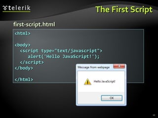 The First Script first-script.html <html> <body> <script type="text/javascript"> alert('Hello JavaScript!'); </script> </body> </html> 