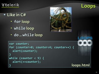 Loops Like in C# for  loop while  loop do   …   while  loop var counter; for (counter=0; counter<4; counter++) { alert(counter); } while (counter < 5) { alert(++counter); } loops.html 