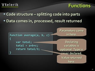 Functions  Code structure – splitting code into parts Data comes in, processed, result returned function average(a, b, c) { var total; total = a+b+c; return total/3; } Parameters come in here. Declaring variables is optional. Type is never declared. Value returned here. 