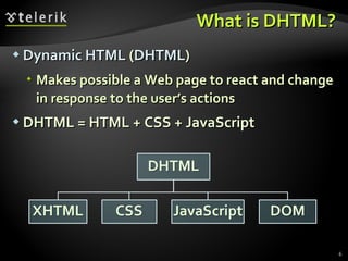 What is DHTML? Dynamic   HTML  ( DHTML ) Makes possible a Web page to react and change in response to the user’s actions DHTML = HTML + CSS + JavaScript 