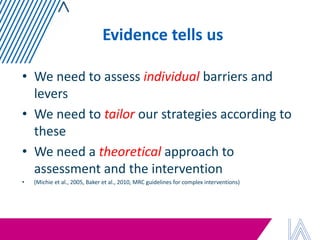 Evidence tells us 
•We need to assess individual barriers and levers 
•We need to tailor our strategies according to these 
•We need a theoretical approach to assessment and the intervention 
•(Michie et al., 2005, Baker et al., 2010, MRC guidelines for complex interventions) 
 