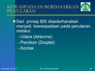 KEWASPADAAN BERDASARKAN PENULARAN Dari  prinsip BSI disederhanakan menjadi, kewaspadaan pada penularan melalui: Udara (Airborne) Percikan (Droplet) Kontak  AS - K3 BIOLOGIS RS December 18, 2011 