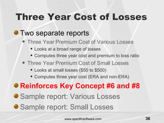 Three Year Cost of Losses Two separate reports Three Year Premium Cost of Various Losses Looks at a broad range of losses Computes three year cost and premium to loss ratio Three Year Premium Cost of Small Losses Looks at small losses ($50 to $500) Computes three year cost (ERA and non-ERA) Reinforces Key Concept #6 and #8 Sample report: Various Losses Sample report: Small Losses 
