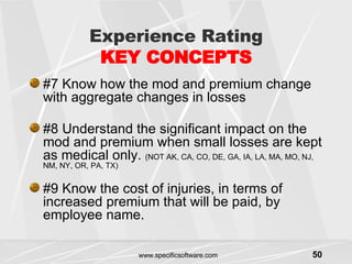 Experience Rating KEY CONCEPTS #7 Know how the mod and premium change with aggregate changes in losses #8 Understand the significant impact on the mod and premium when small losses are kept as medical only.  (NOT AK, CA, CO, DE, GA, IA, LA, MA, MO, NJ, NM, NY, OR, PA, TX) #9 Know the cost of injuries, in terms of increased premium that will be paid, by employee name. 