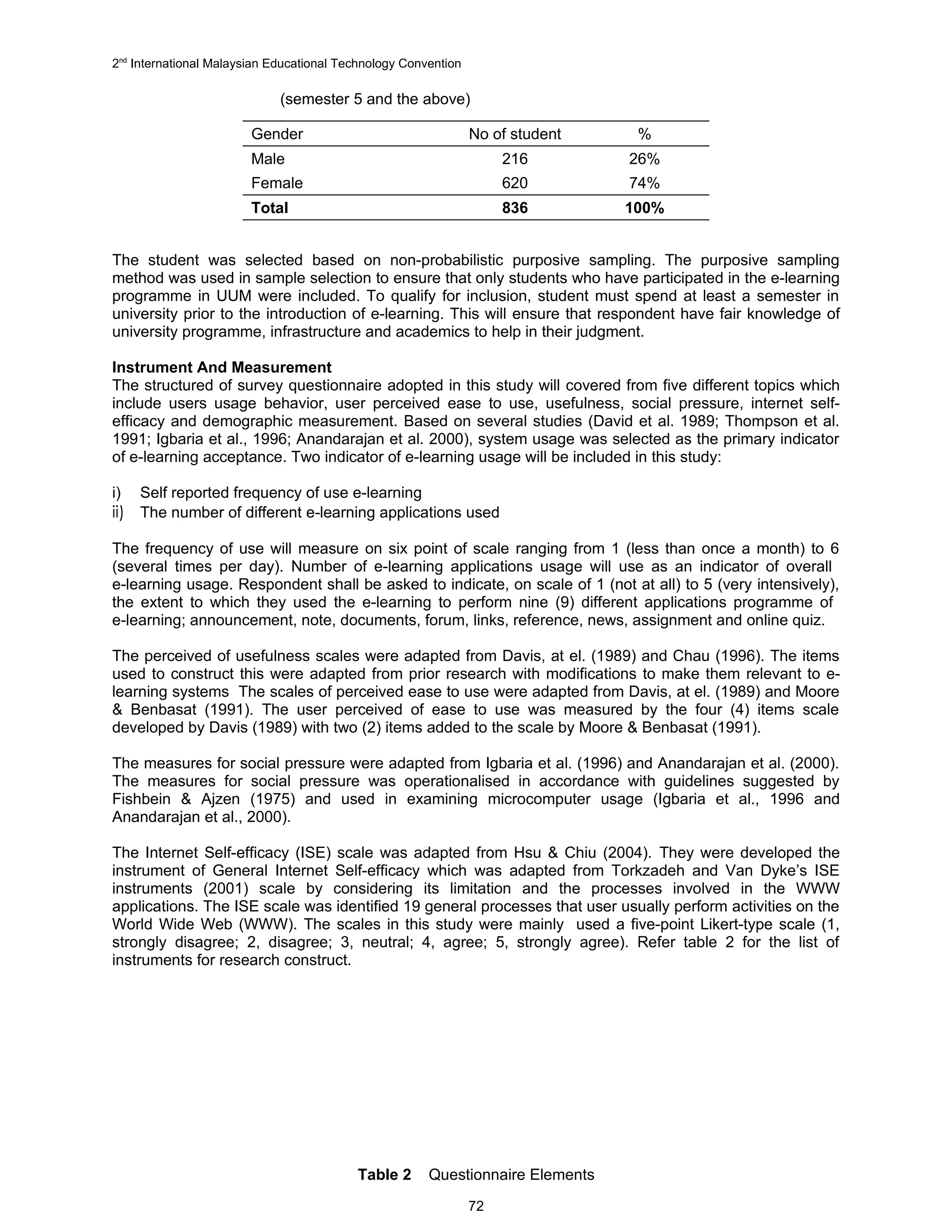 2nd International Malaysian Educational Technology Convention

                             (semester 5 and the above)

                        Gender                                  No of student    %
                        Male                                         216        26%
                        Female                                       620        74%
                        Total                                        836        100%


The student was selected based on non-probabilistic purposive sampling. The purposive sampling
method was used in sample selection to ensure that only students who have participated in the e-learning
programme in UUM were included. To qualify for inclusion, student must spend at least a semester in
university prior to the introduction of e-learning. This will ensure that respondent have fair knowledge of
university programme, infrastructure and academics to help in their judgment.

Instrument And Measurement
The structured of survey questionnaire adopted in this study will covered from five different topics which
include users usage behavior, user perceived ease to use, usefulness, social pressure, internet self-
efficacy and demographic measurement. Based on several studies (David et al. 1989; Thompson et al.
1991; Igbaria et al., 1996; Anandarajan et al. 2000), system usage was selected as the primary indicator
of e-learning acceptance. Two indicator of e-learning usage will be included in this study:

i)  Self reported frequency of use e-learning
ii) The number of different e-learning applications used

The frequency of use will measure on six point of scale ranging from 1 (less than once a month) to 6
(several times per day). Number of e-learning applications usage will use as an indicator of overall
e-learning usage. Respondent shall be asked to indicate, on scale of 1 (not at all) to 5 (very intensively),
the extent to which they used the e-learning to perform nine (9) different applications programme of
e-learning; announcement, note, documents, forum, links, reference, news, assignment and online quiz.

The perceived of usefulness scales were adapted from Davis, at el. (1989) and Chau (1996). The items
used to construct this were adapted from prior research with modifications to make them relevant to e-
learning systems The scales of perceived ease to use were adapted from Davis, at el. (1989) and Moore
& Benbasat (1991). The user perceived of ease to use was measured by the four (4) items scale
developed by Davis (1989) with two (2) items added to the scale by Moore & Benbasat (1991).

The measures for social pressure were adapted from Igbaria et al. (1996) and Anandarajan et al. (2000).
The measures for social pressure was operationalised in accordance with guidelines suggested by
Fishbein & Ajzen (1975) and used in examining microcomputer usage (Igbaria et al., 1996 and
Anandarajan et al., 2000).

The Internet Self-efficacy (ISE) scale was adapted from Hsu & Chiu (2004). They were developed the
instrument of General Internet Self-efficacy which was adapted from Torkzadeh and Van Dyke’s ISE
instruments (2001) scale by considering its limitation and the processes involved in the WWW
applications. The ISE scale was identified 19 general processes that user usually perform activities on the
World Wide Web (WWW). The scales in this study were mainly used a five-point Likert-type scale (1,
strongly disagree; 2, disagree; 3, neutral; 4, agree; 5, strongly agree). Refer table 2 for the list of
instruments for research construct.




                                          Table 2      Questionnaire Elements
                                                                72
 