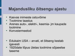 Majandusliku õitsengu ajastu Kasvas inimeste ostuvõime Tootmine taastus Arenes auto-, elektri-, keemia- jm kaupade tootmine Konveiermeetod Edukaim USA – arvati, et õitseng kestab igavesti 1920date lõpus ületas tootmine sõjaeelse taseme 