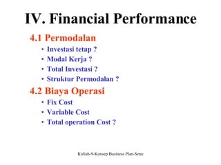 IV. Financial Performance 4.1 Permodalan Investasi tetap ? Modal Kerja ? Total Investasi ? Struktur Permodalan ? 4.2 Biaya Operasi Fix Cost Variable Cost Total operation Cost ? 