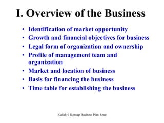 I. Overview of the Business Identification of market opportunity Growth and financial objectives for business Legal form of organization and ownership Profile of management team and organization Market and location of business Basis for financing the business Time table for establishing the business 