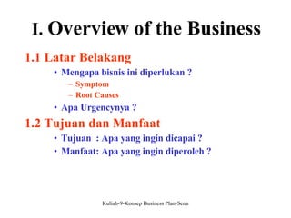 I.   Overview of the Business 1.1 Latar Belakang Mengapa bisnis ini diperlukan ? Symptom  Root Causes Apa Urgencynya ? 1.2 Tujuan dan Manfaat Tujuan  : Apa yang ingin dicapai ? Manfaat: Apa yang ingin diperoleh ? 