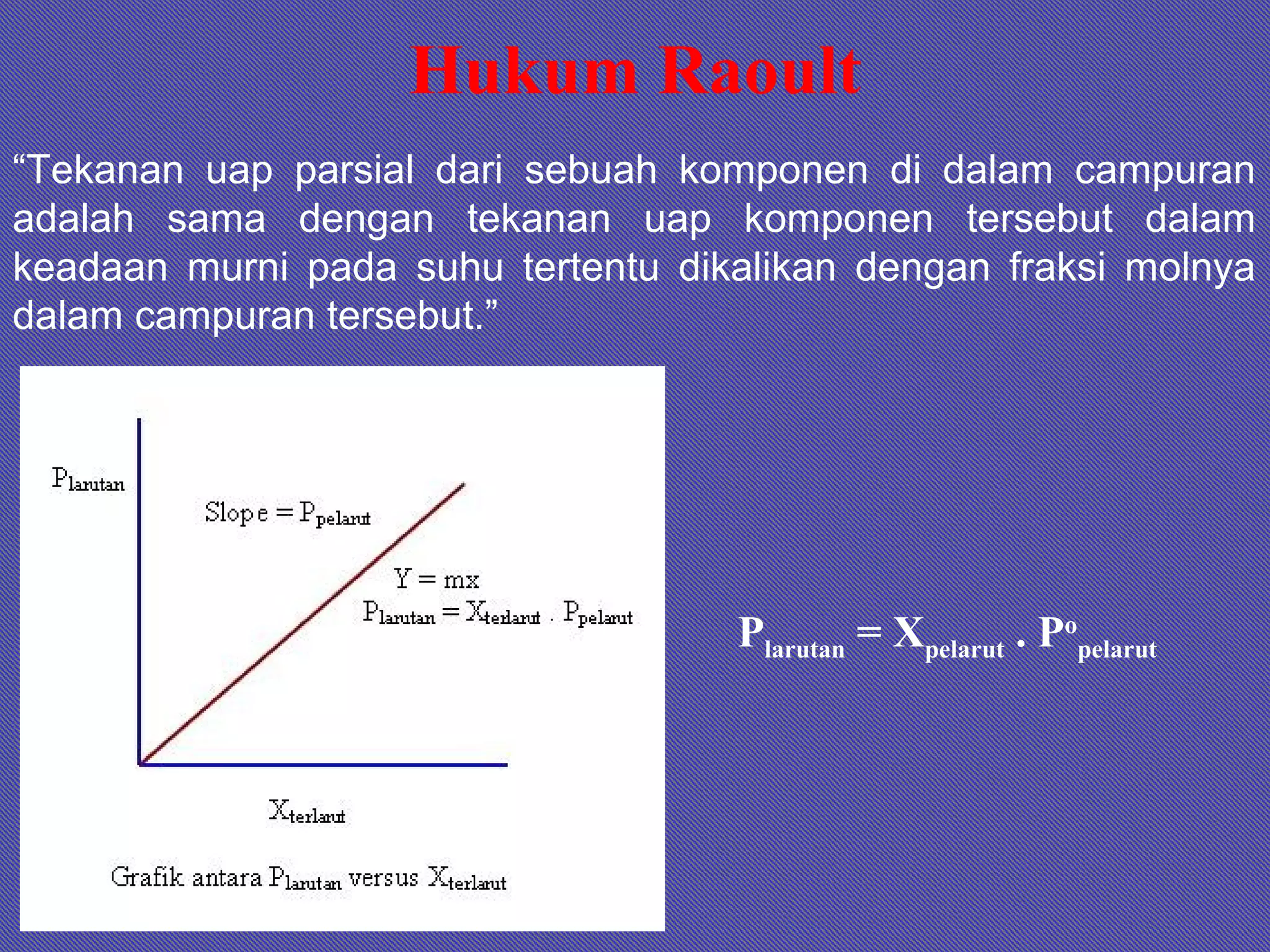 Hukum Raoult
“Tekanan uap parsial dari sebuah komponen di dalam campuran
adalah sama dengan tekanan uap komponen tersebut dalam
keadaan murni pada suhu tertentu dikalikan dengan fraksi molnya
dalam campuran tersebut.”
Plarutan = Xpelarut . Po
pelarut
 